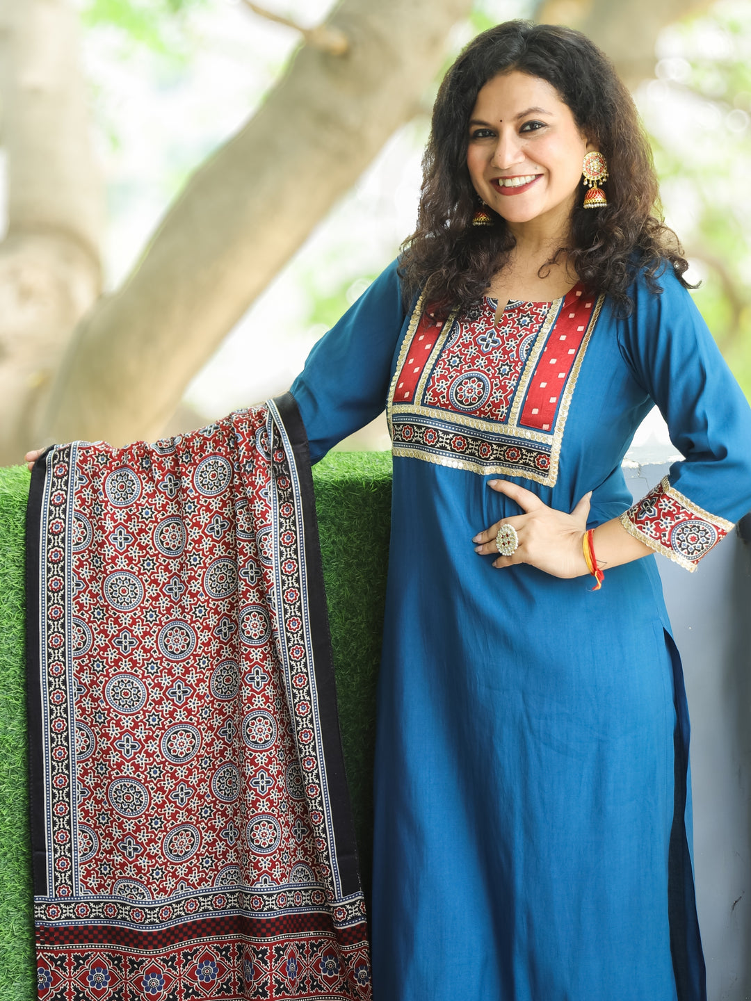 Aaravi Denim Blue Mashru Patch Work Neck with Mirror Work Roman Silk 3 Piece Set