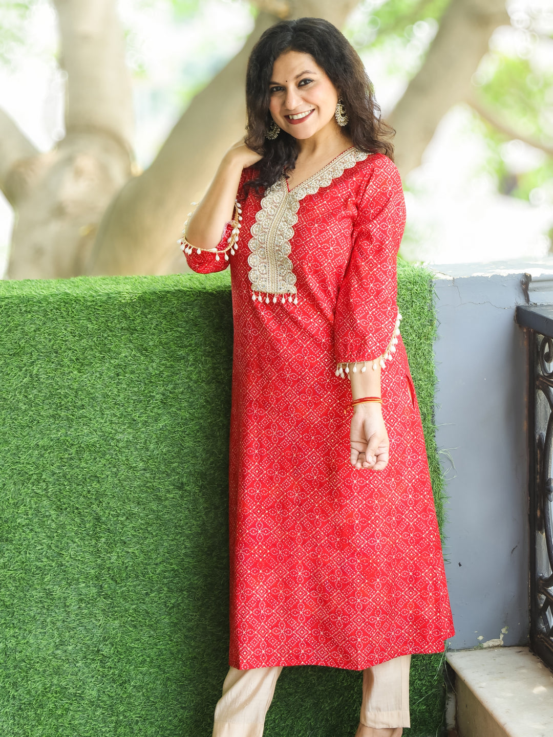 Jhankaar Gulal Red Mirror and Moti Lace Work Bandhani Print Modal Kurti