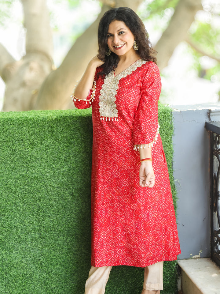Jhankaar Gulal Red Mirror and Moti Lace Work Bandhani Print Modal Kurti