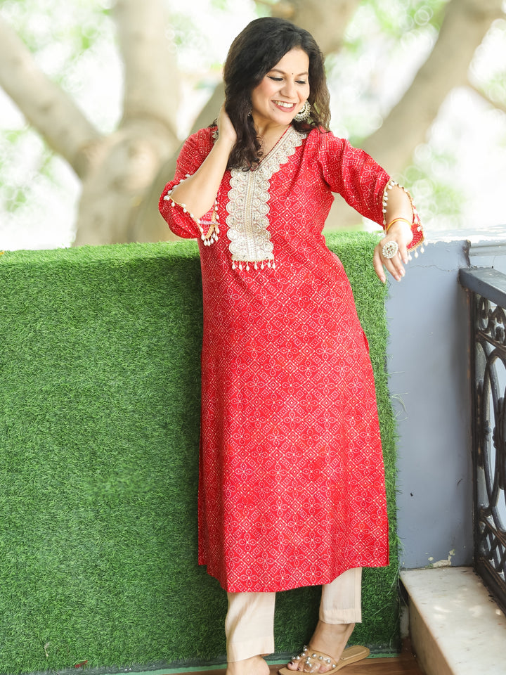 Jhankaar Gulal Red Mirror and Moti Lace Work Bandhani Print Modal Kurti
