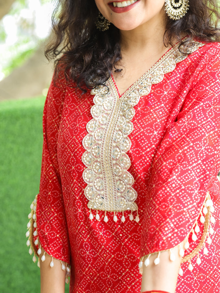 Jhankaar Gulal Red Mirror and Moti Lace Work Bandhani Print Modal Kurti