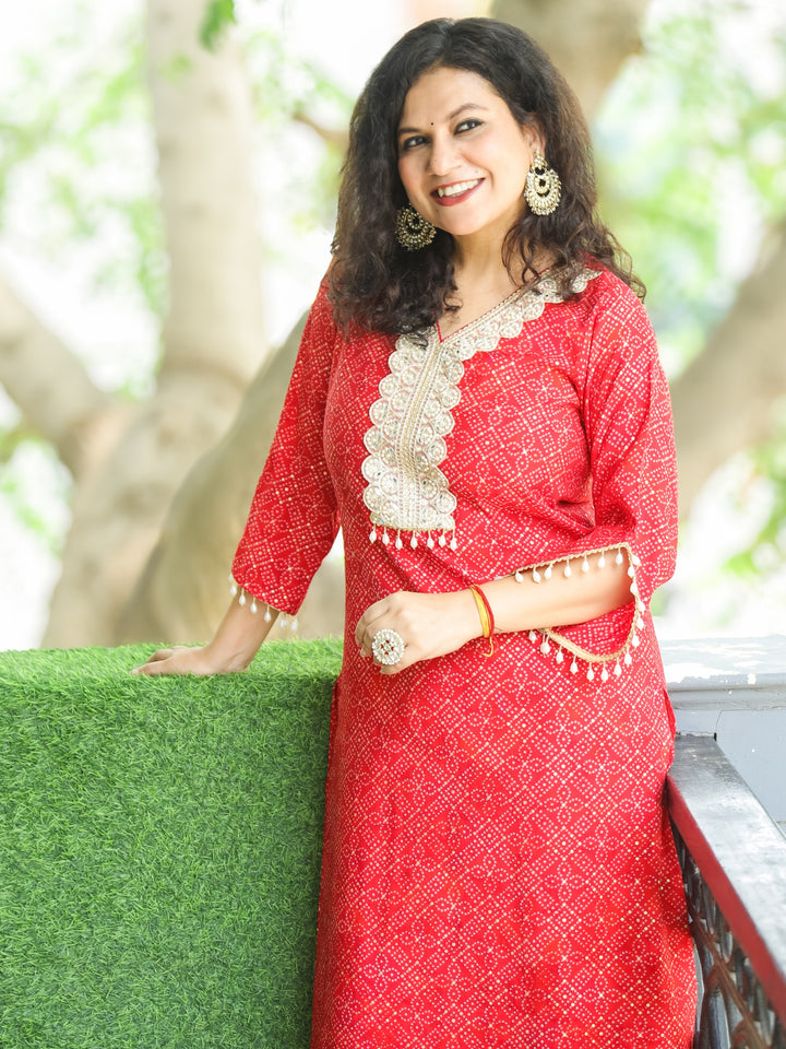 Jhankaar Gulal Red Mirror and Moti Lace Work Bandhani Print Modal Kurti