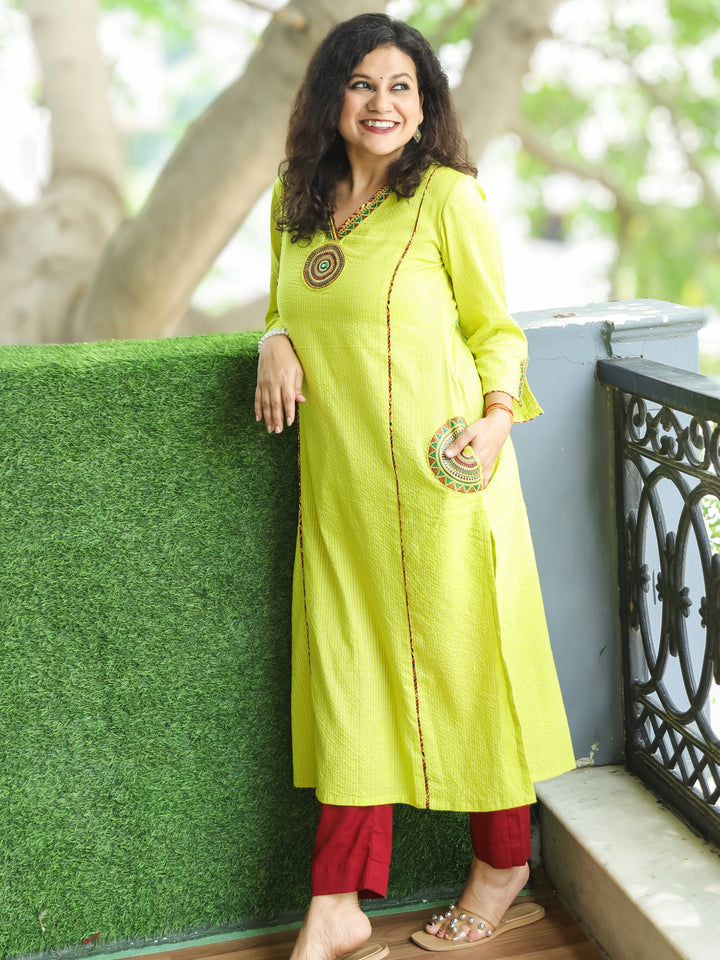 Gulkand Neon Lime V Neck Panel in Running Stitch Cotton Kurti Embroidered Patch Pocket