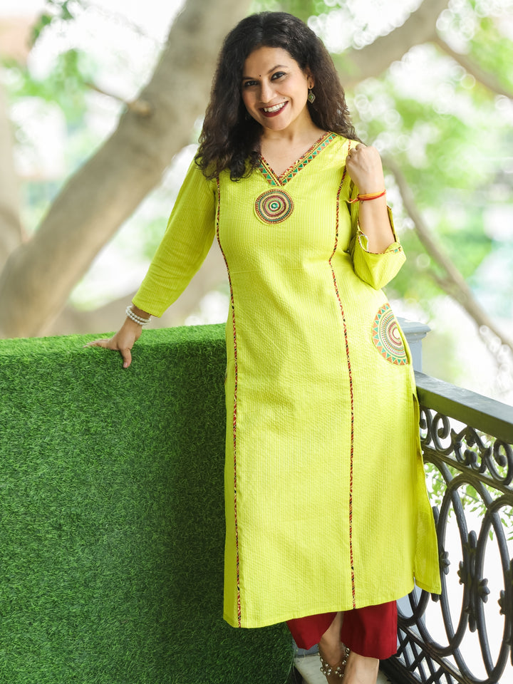 Gulkand Neon Lime V Neck Panel in Running Stitch Cotton Kurti Embroidered Patch Pocket