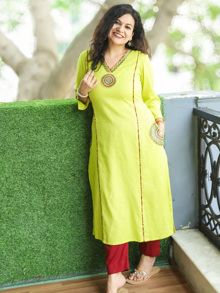 Gulkand Neon Lime V Neck Panel in Running Stitch Cotton Kurti Embroidered Patch Pocket