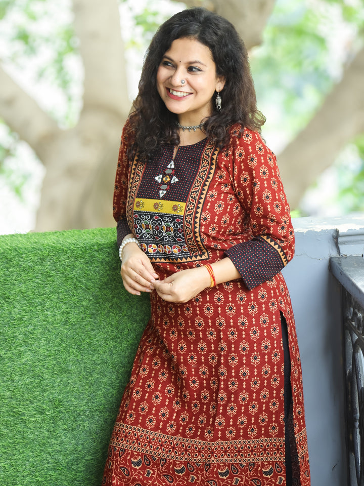 Mohini Cherry Red Kutch Mirror Yoke with Embroidery Work Ajrak Print Cotton Kurti-D1