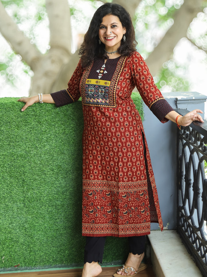 Mohini Cherry Red Kutch Mirror Yoke with Embroidery Work Ajrak Print Cotton Kurti-D1