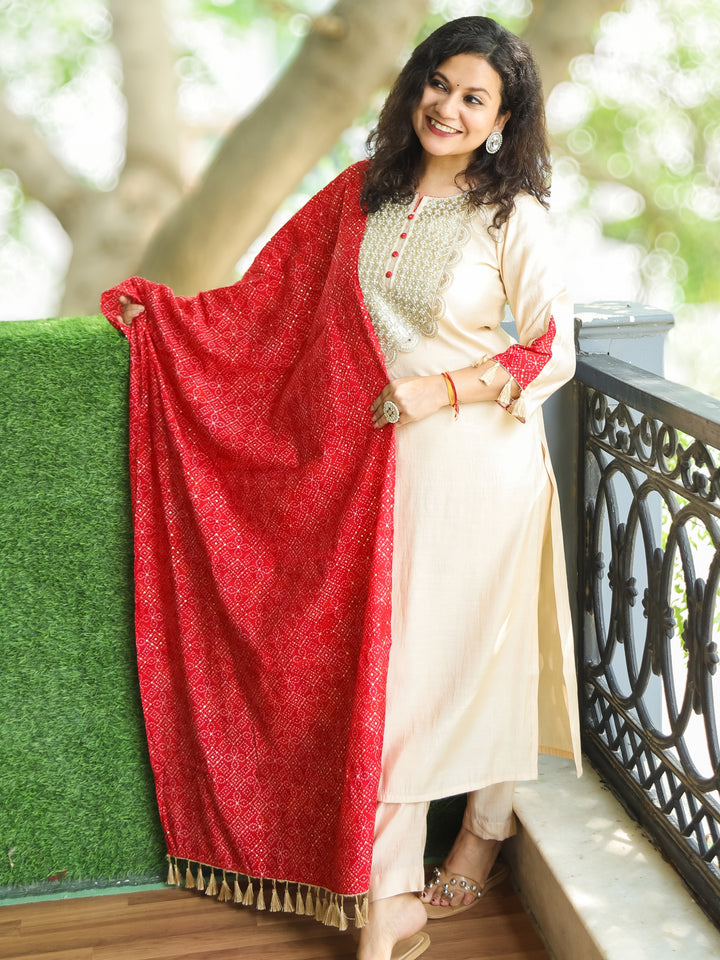 Pranjali Cream Beige Heavy Designer Neck with Button Work Roman Silk 3 Piece Set