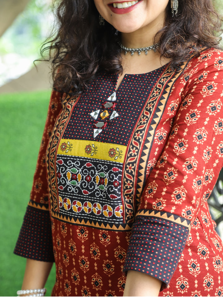 Mohini Cherry Red Kutch Mirror Yoke with Embroidery Work Ajrak Print Cotton Kurti-D1
