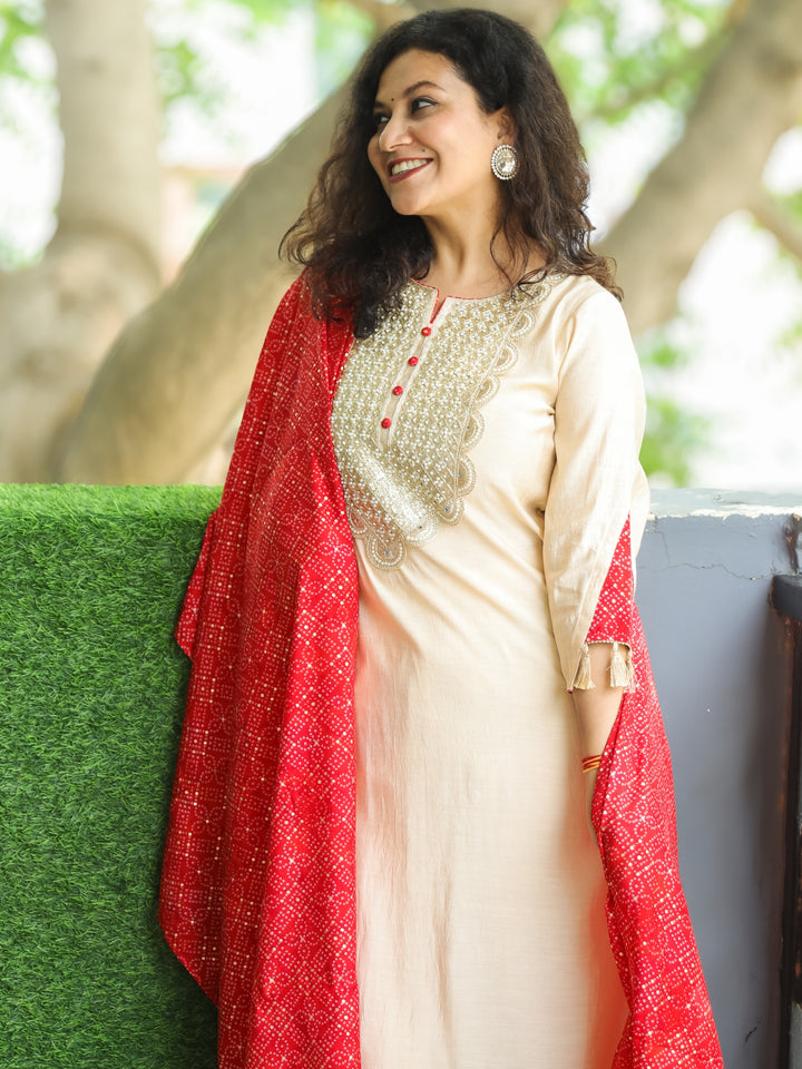 Pranjali Cream Beige Heavy Designer Neck with Button Work Roman Silk 3 Piece Set