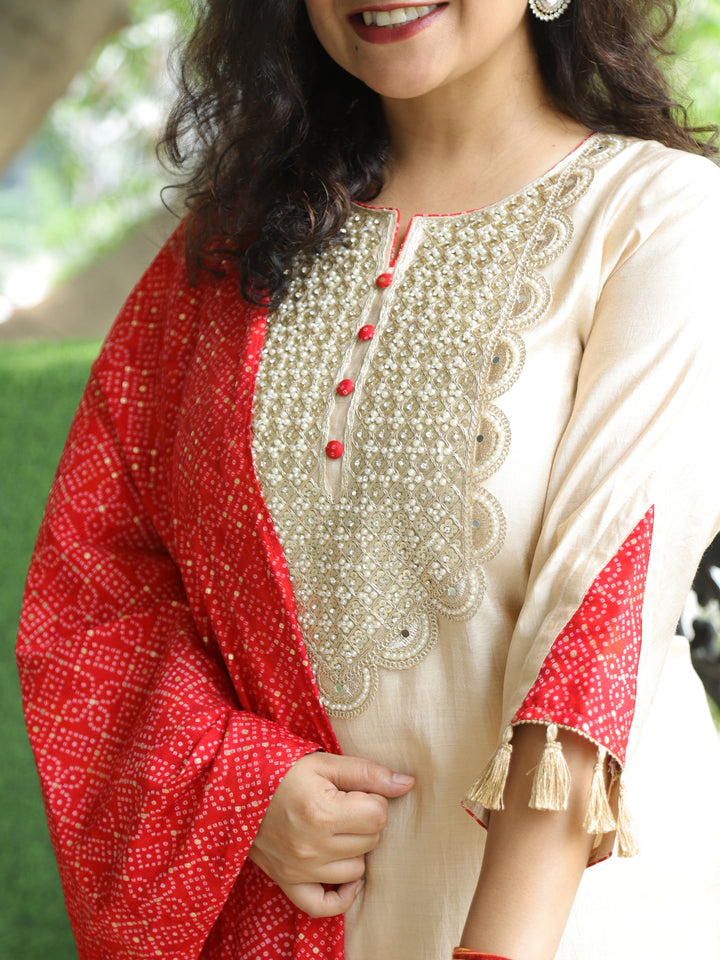 Pranjali Cream Beige Heavy Designer Neck with Button Work Roman Silk 3 Piece Set