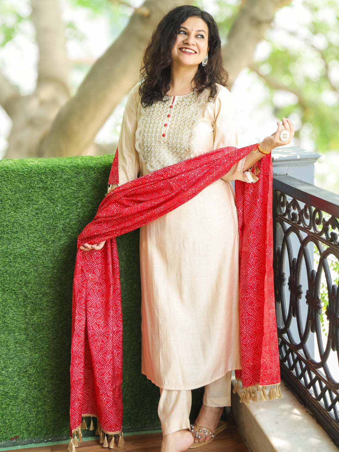 Pranjali Cream Beige Heavy Designer Neck with Button Work Roman Silk 3 Piece Set
