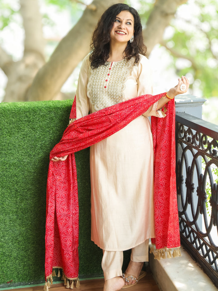 Pranjali Cream Beige Heavy Designer Neck with Button Work Roman Silk 3 Piece Set