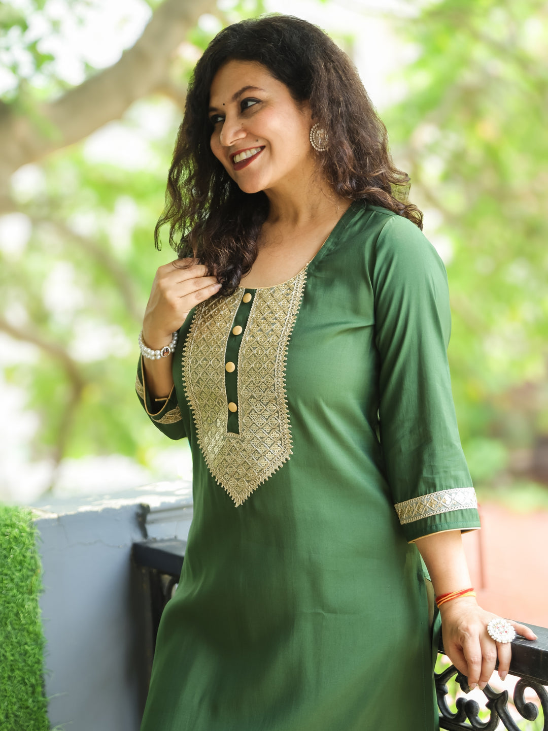 Rishvi Forest Green Golden Lace Work with Button Work Roman SIlk Kurti