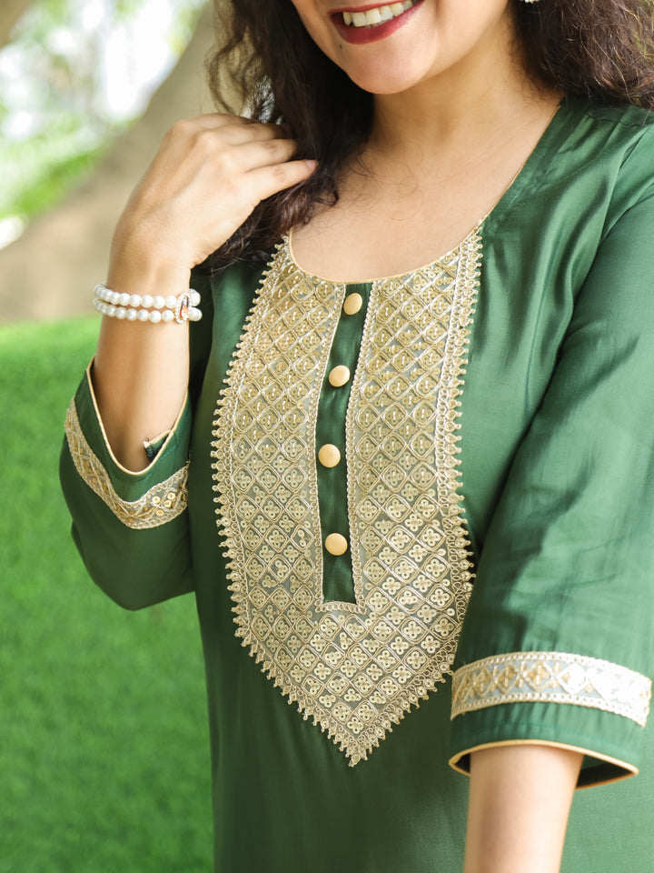 Rishvi Forest Green Golden Lace Work with Button Work Roman SIlk Kurti