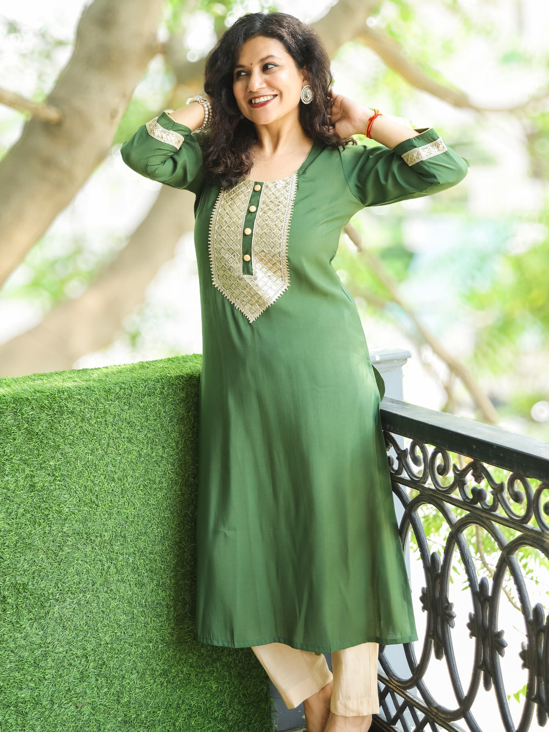 Rishvi Forest Green Golden Lace Work with Button Work Roman SIlk Kurti