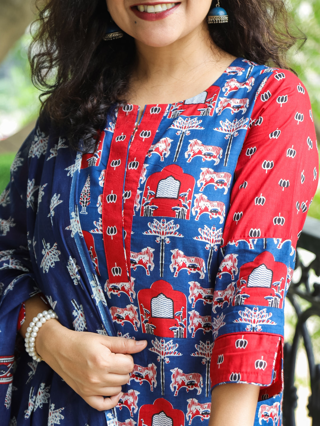 Sarangi Royal Blue Digital Floral Printed with Lotus Patch on Neck Cotton 3 Piece Set