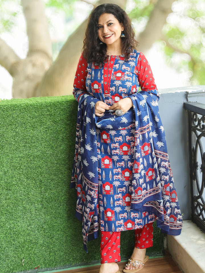 Sarangi Royal Blue Digital Floral Printed with Lotus Patch on Neck Cotton 3 Piece Set