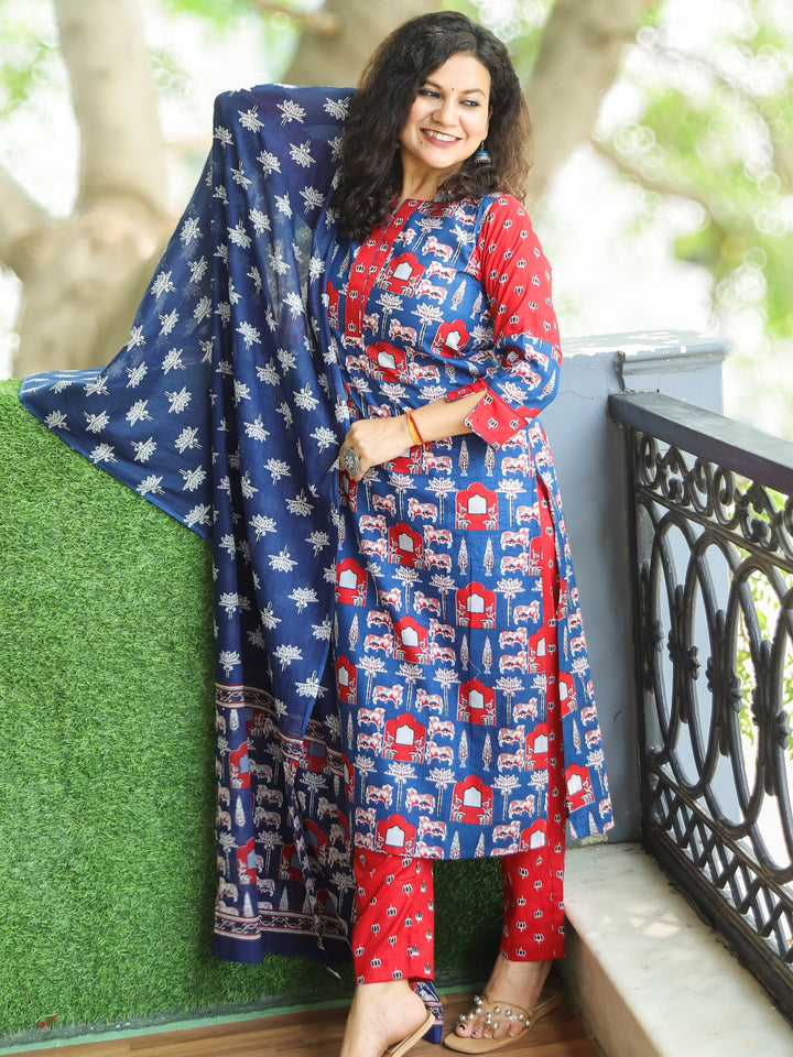 Sarangi Royal Blue Digital Floral Printed with Lotus Patch on Neck Cotton 3 Piece Set