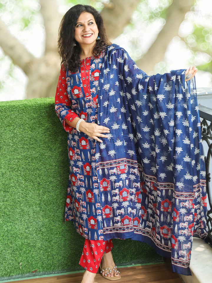 Sarangi Royal Blue Digital Floral Printed with Lotus Patch on Neck Cotton 3 Piece Set