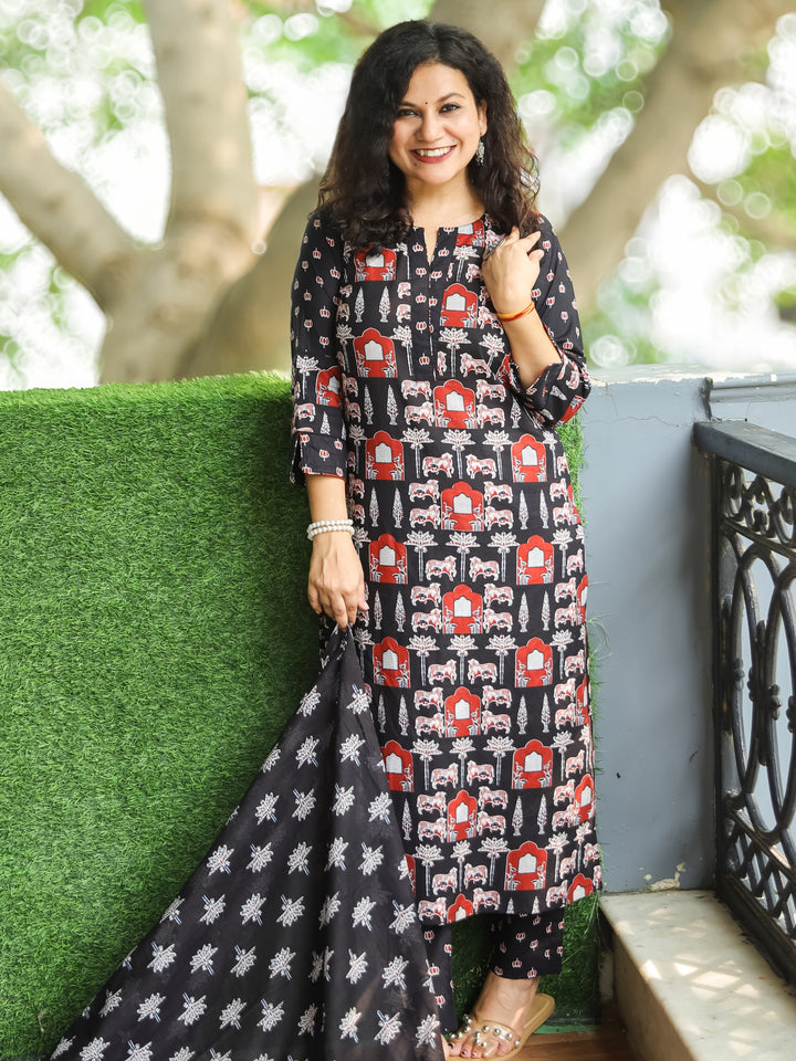 Sarangi Coal Black Digital Floral Printed with Lotus Patch on Neck Cotton 3 Piece Set