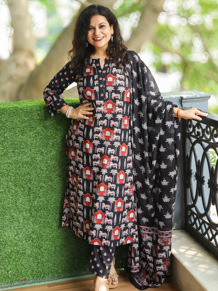 Sarangi Coal Black Digital Floral Printed with Lotus Patch on Neck Cotton 3 Piece Set