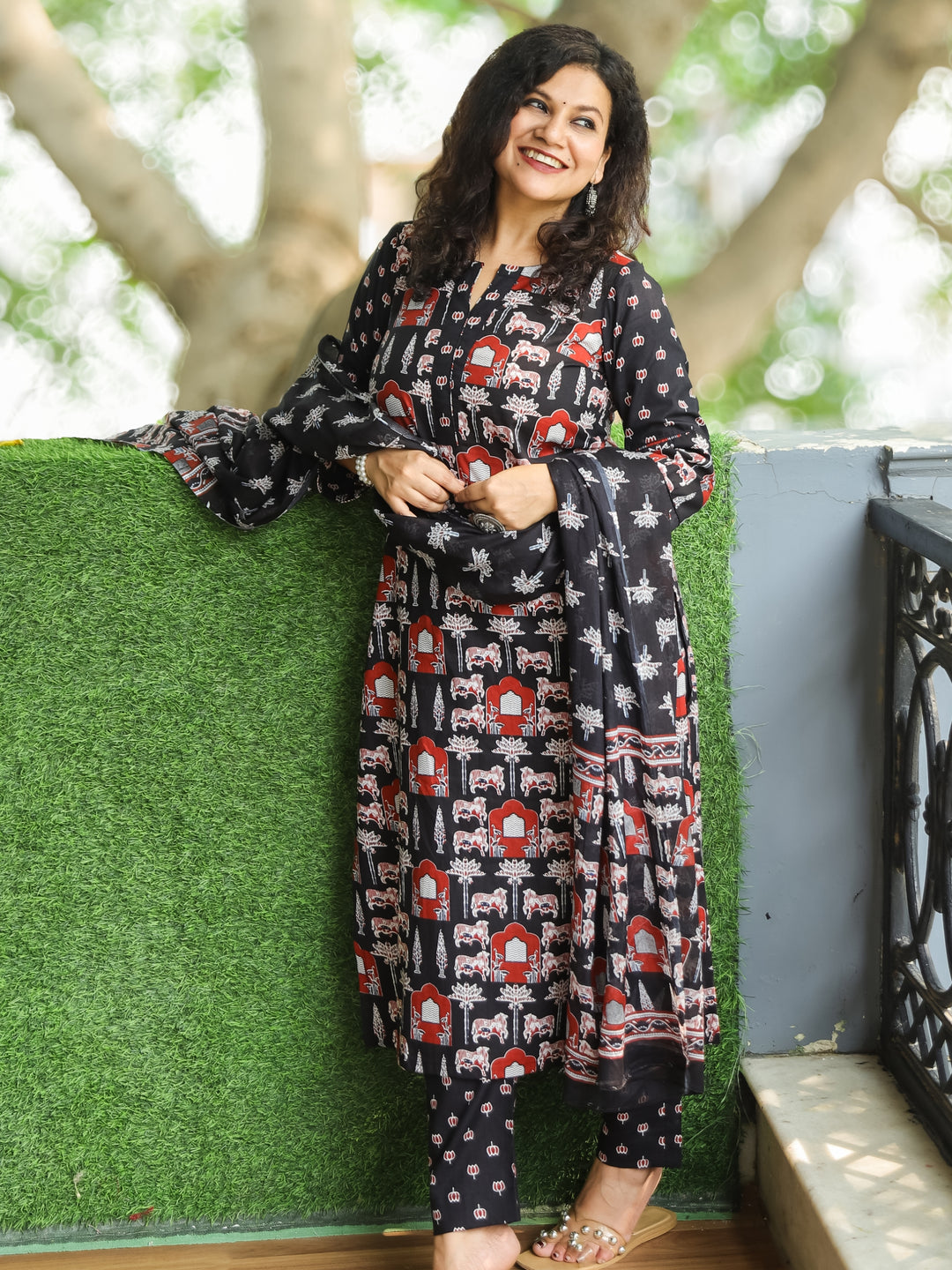 Sarangi Coal Black Digital Floral Printed with Lotus Patch on Neck Cotton 3 Piece Set