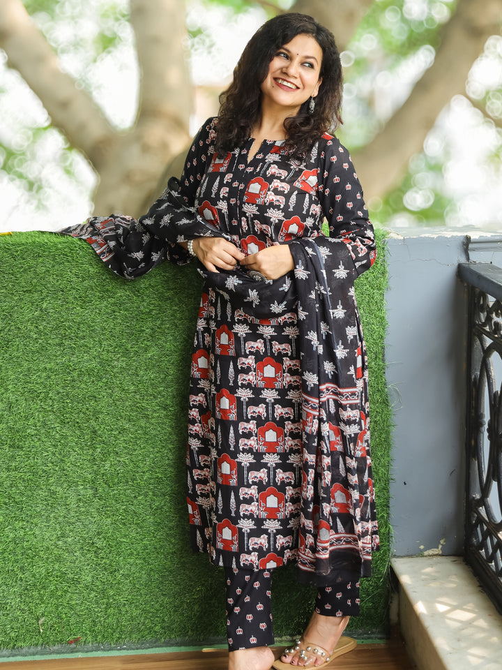 Sarangi Coal Black Digital Floral Printed with Lotus Patch on Neck Cotton 3 Piece Set