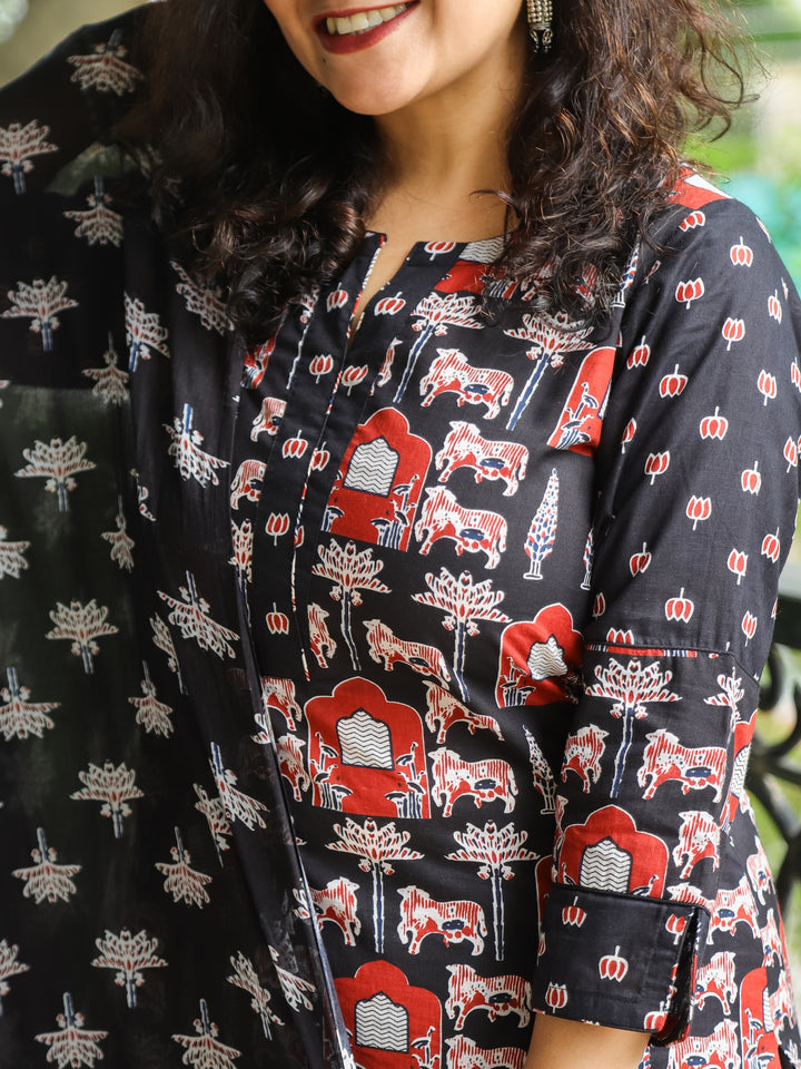 Sarangi Coal Black Digital Floral Printed with Lotus Patch on Neck Cotton 3 Piece Set