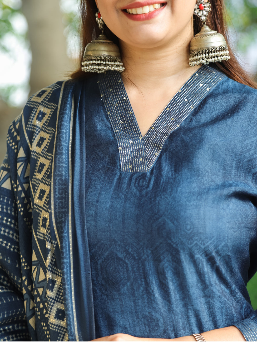 Gamini Navy Blue Self Printed with V Neckline Zari Work Muslin 3 Piece Set