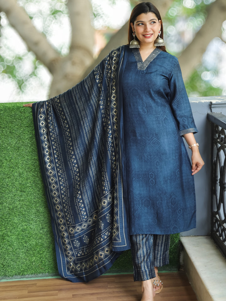 Gamini Navy Blue Self Printed with V Neckline Zari Work Muslin 3 Piece Set