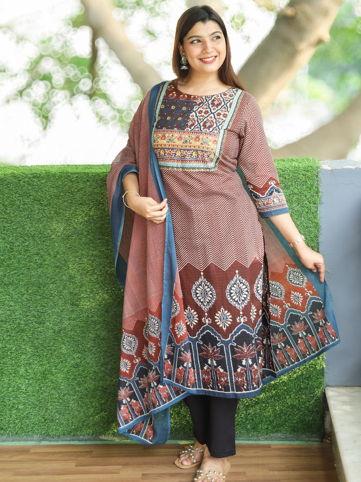 Gamini Barn Red Patches Yoke Neck with Zig-Zag Print with Floral Hem Cotton 3 Piece Set