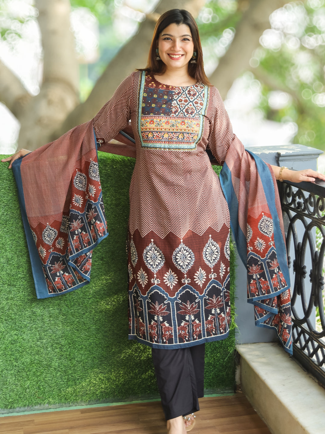 Gamini Barn Red Patches Yoke Neck with Zig-Zag Print with Floral Hem Cotton 3 Piece Set