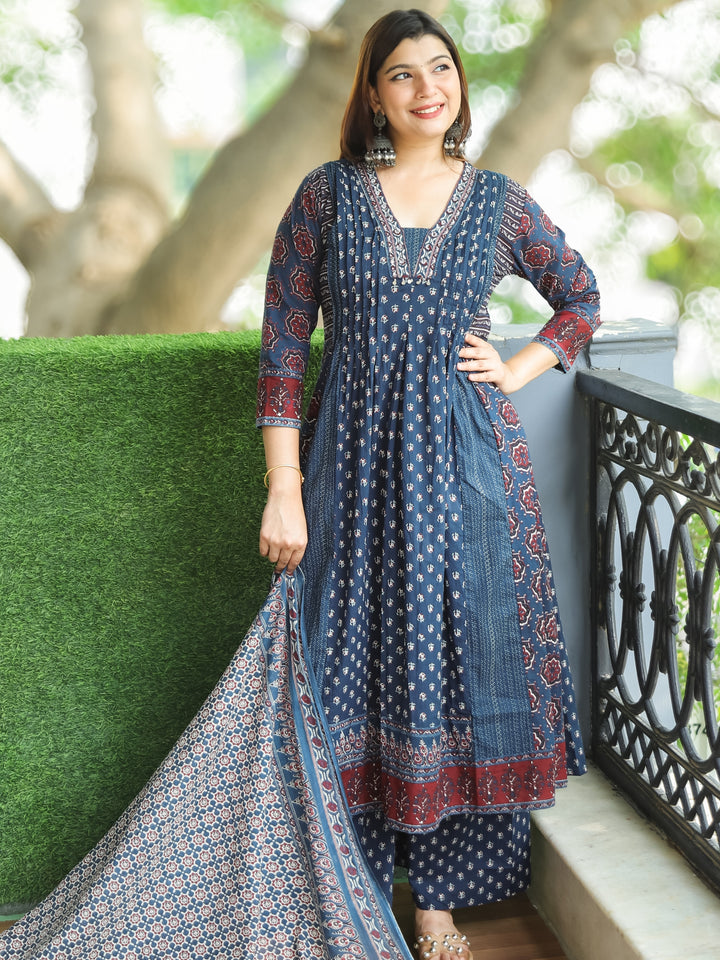 Gamini Navy Blue V Neck Moti and PIntuck Work in Panel Style Printed Cotton 3 Piece Set