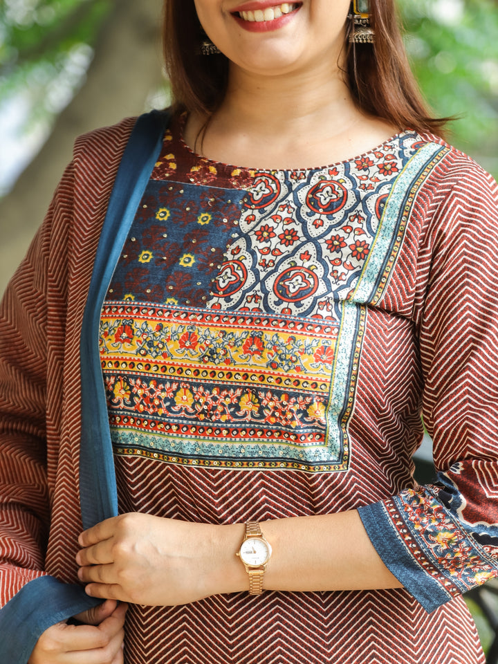 Gamini Barn Red Patches Yoke Neck with Zig-Zag Print with Floral Hem Cotton 3 Piece Set