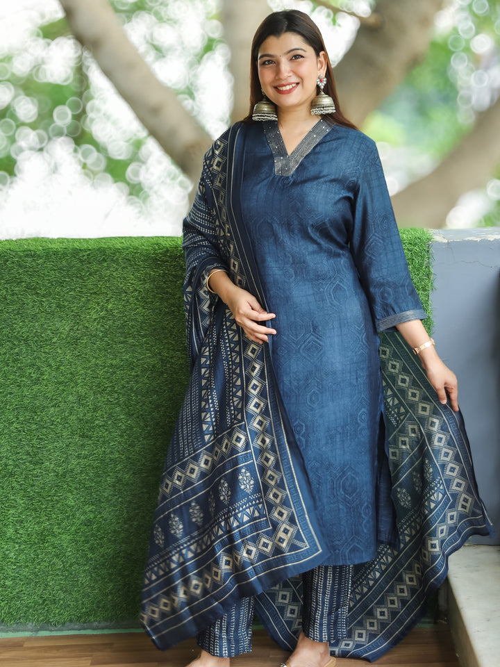 Gamini Navy Blue Self Printed with V Neckline Zari Work Muslin 3 Piece Set
