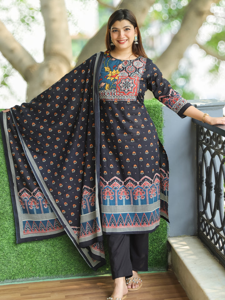 Gamini Coal Black Patches Work Yoke Neck with Floral Printed Cotton 3 Piece Set