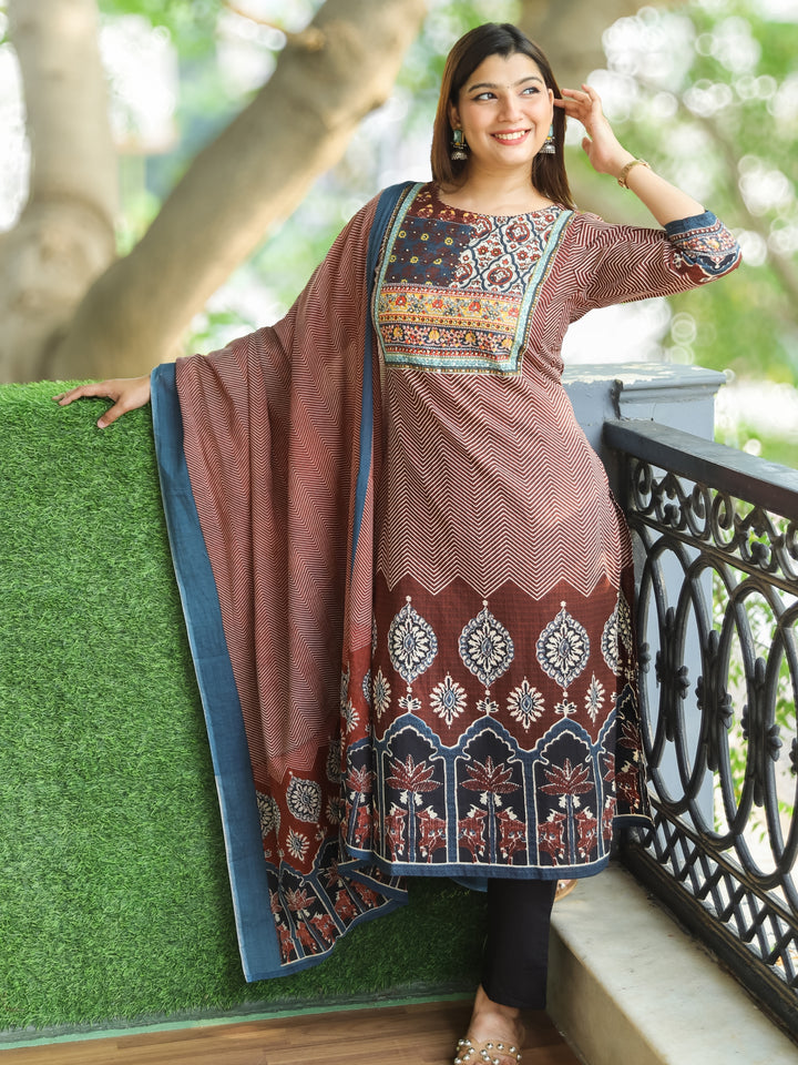 Gamini Barn Red Patches Yoke Neck with Zig-Zag Print with Floral Hem Cotton 3 Piece Set