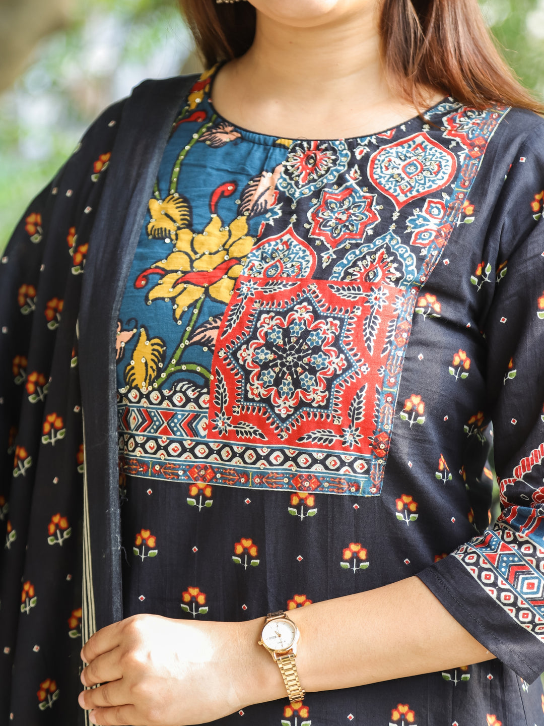 Gamini Coal Black Patches Work Yoke Neck with Floral Printed Cotton 3 Piece Set