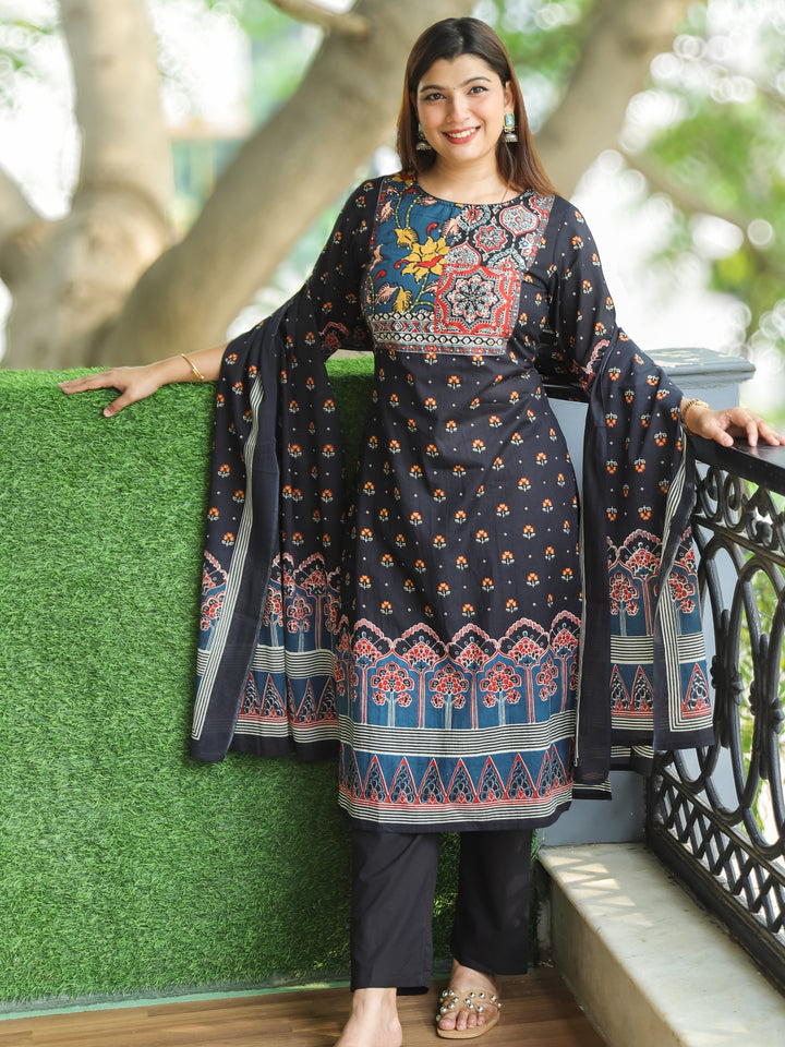 Gamini Coal Black Patches Work Yoke Neck with Floral Printed Cotton 3 Piece Set