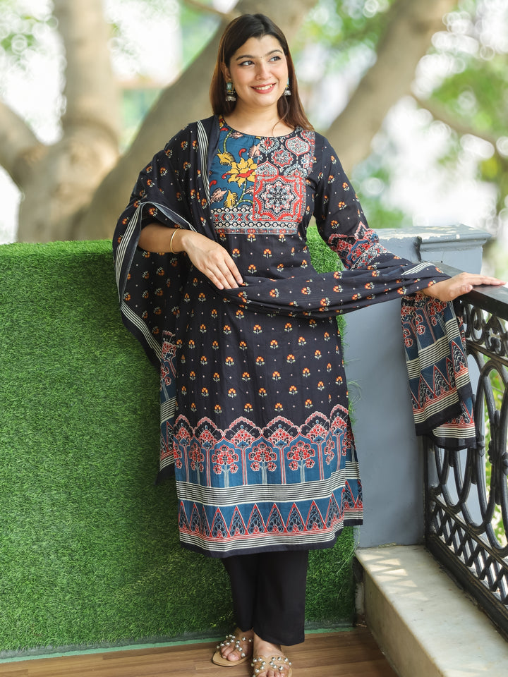 Gamini Coal Black Patches Work Yoke Neck with Floral Printed Cotton 3 Piece Set