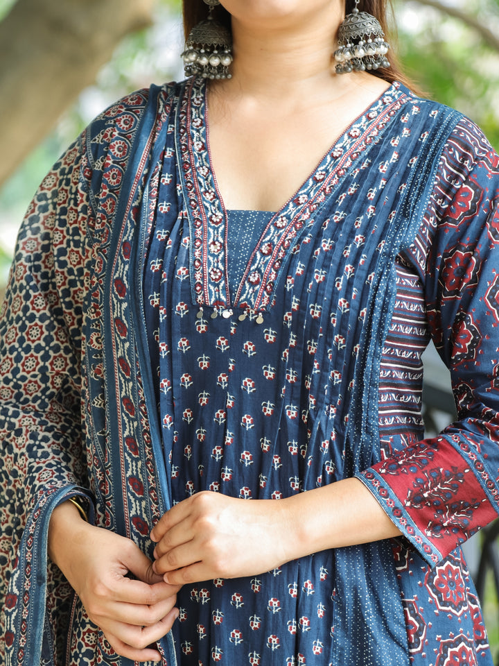 Gamini Navy Blue V Neck Moti and PIntuck Work in Panel Style Printed Cotton 3 Piece Set