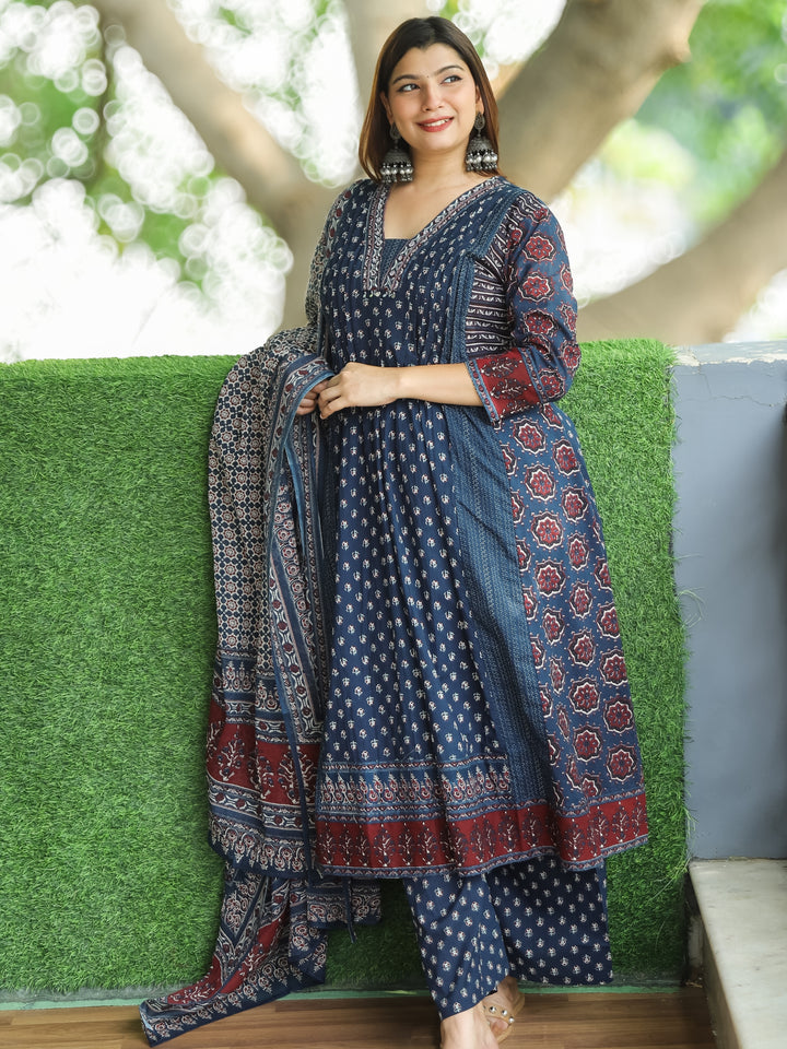Gamini Navy Blue V Neck Moti and PIntuck Work in Panel Style Printed Cotton 3 Piece Set