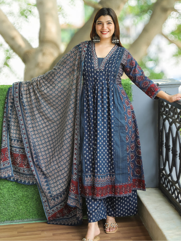 Gamini Navy Blue V Neck Moti and PIntuck Work in Panel Style Printed Cotton 3 Piece Set
