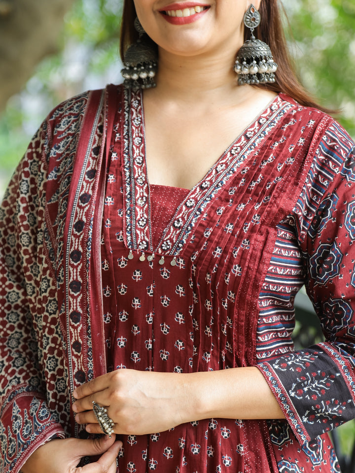 Gamini Maroon Red V Neck Moti and PIntuck Work in Panel Style Printed Cotton 3 Piece Set