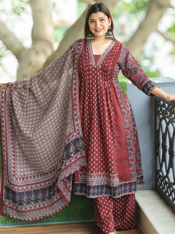 Gamini Maroon Red V Neck Moti and PIntuck Work in Panel Style Printed Cotton 3 Piece Set