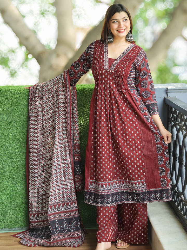Gamini Maroon Red V Neck Moti and PIntuck Work in Panel Style Printed Cotton 3 Piece Set