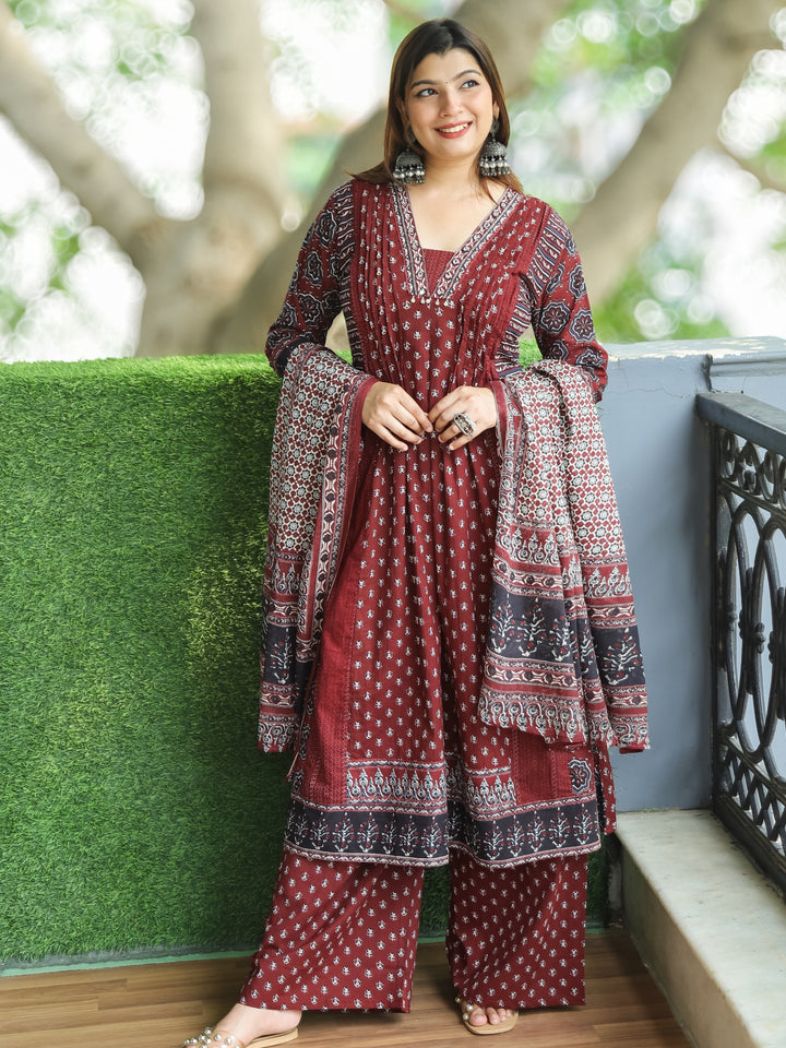 Gamini Maroon Red V Neck Moti and PIntuck Work in Panel Style Printed Cotton 3 Piece Set