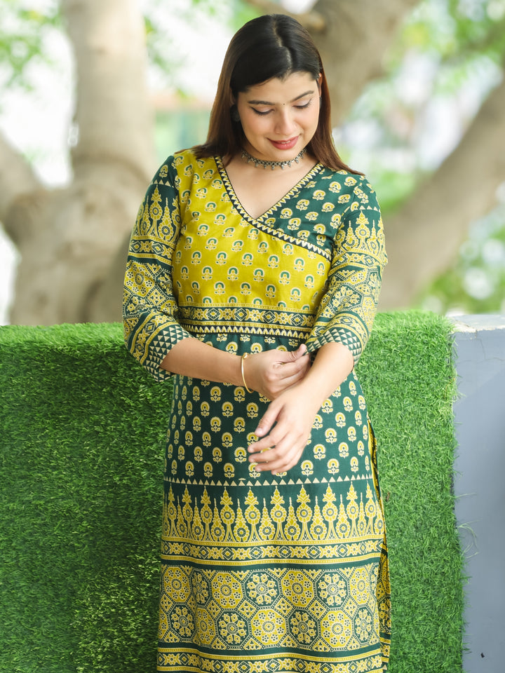 Shaniya Sacramneto Green Angrakha Style Neck in Ajrak Printed Cotton Kurti