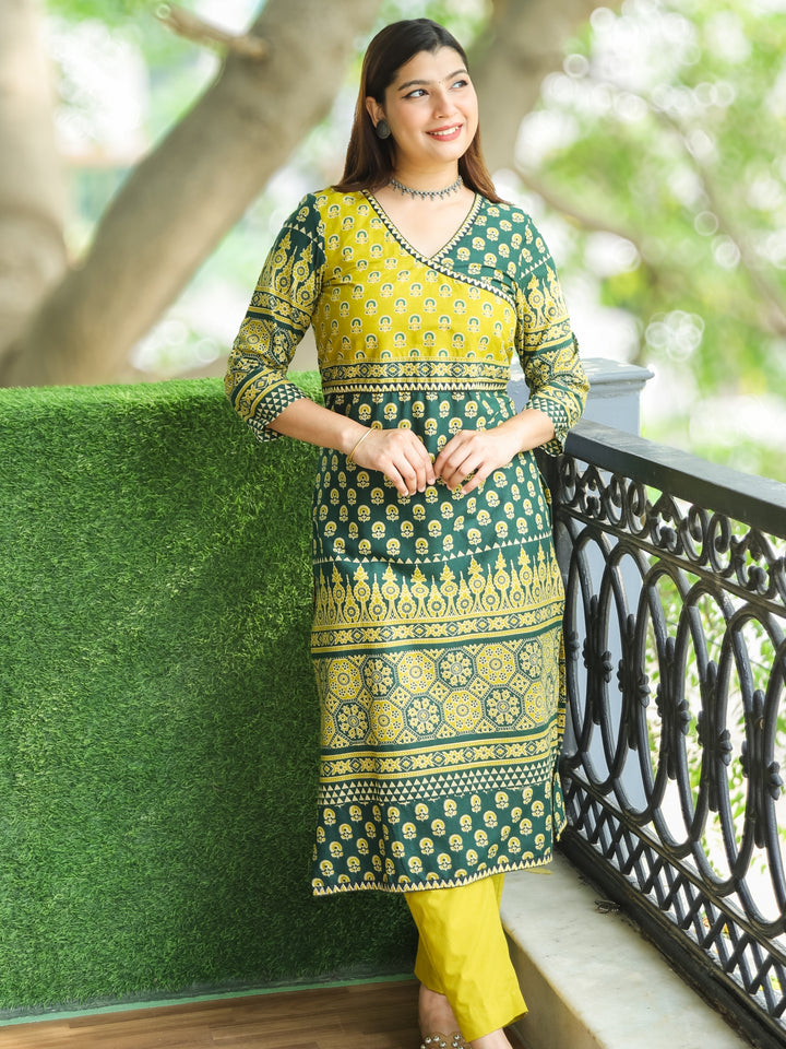 Shaniya Sacramneto Green Angrakha Style Neck in Ajrak Printed Cotton Kurti